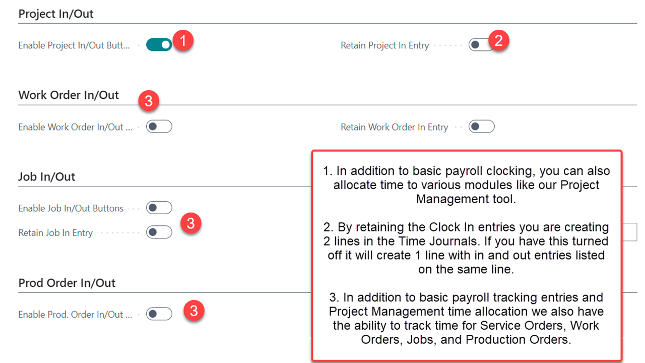 TimeClock for D365 Business Central - Screenshot of Project Mgmt