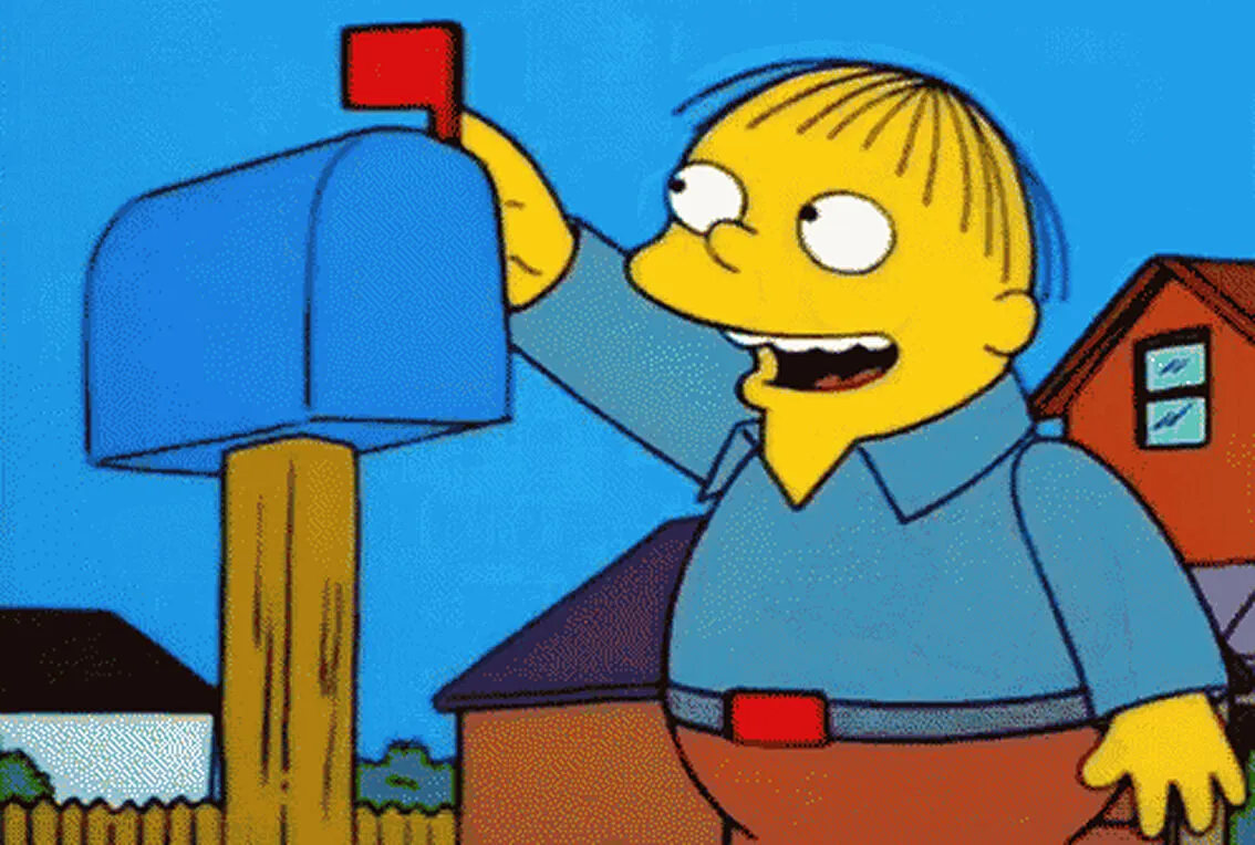 A cartoon character holding a blue mailbox.