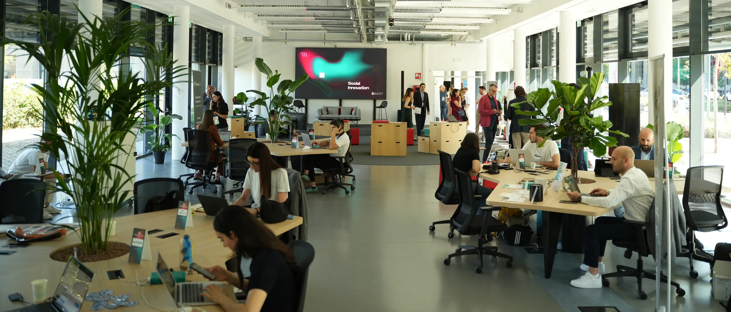 Ufficio moderno e luminoso con persone che lavorano e parlano tra loro, piante verdi e ampie finestre.