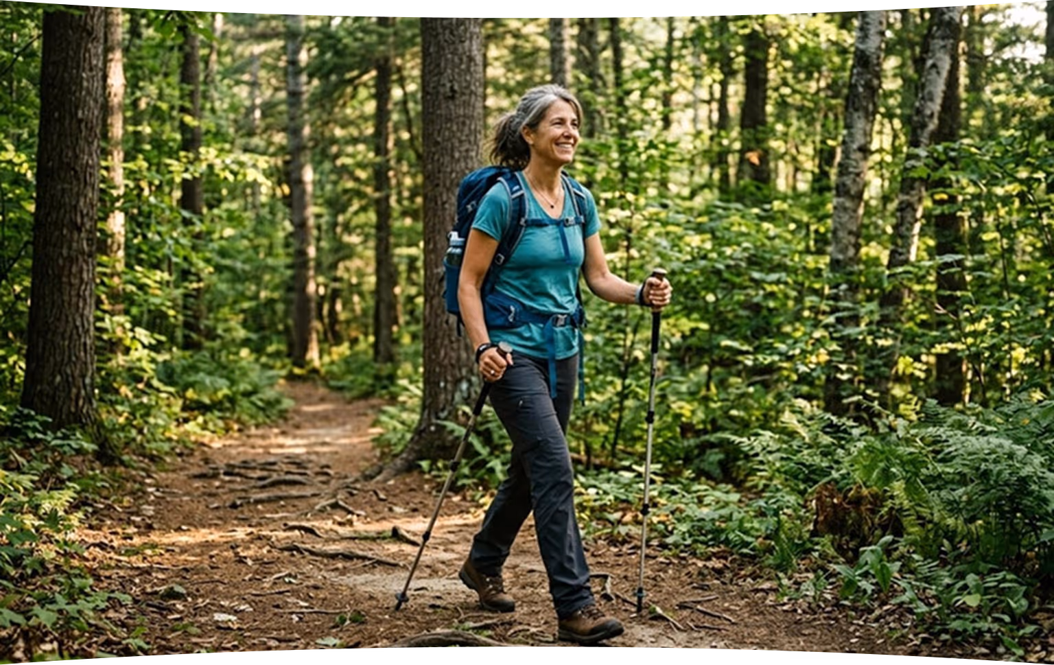 Smiling woman hiking on a forest trail with trekking poles and a backpack.
