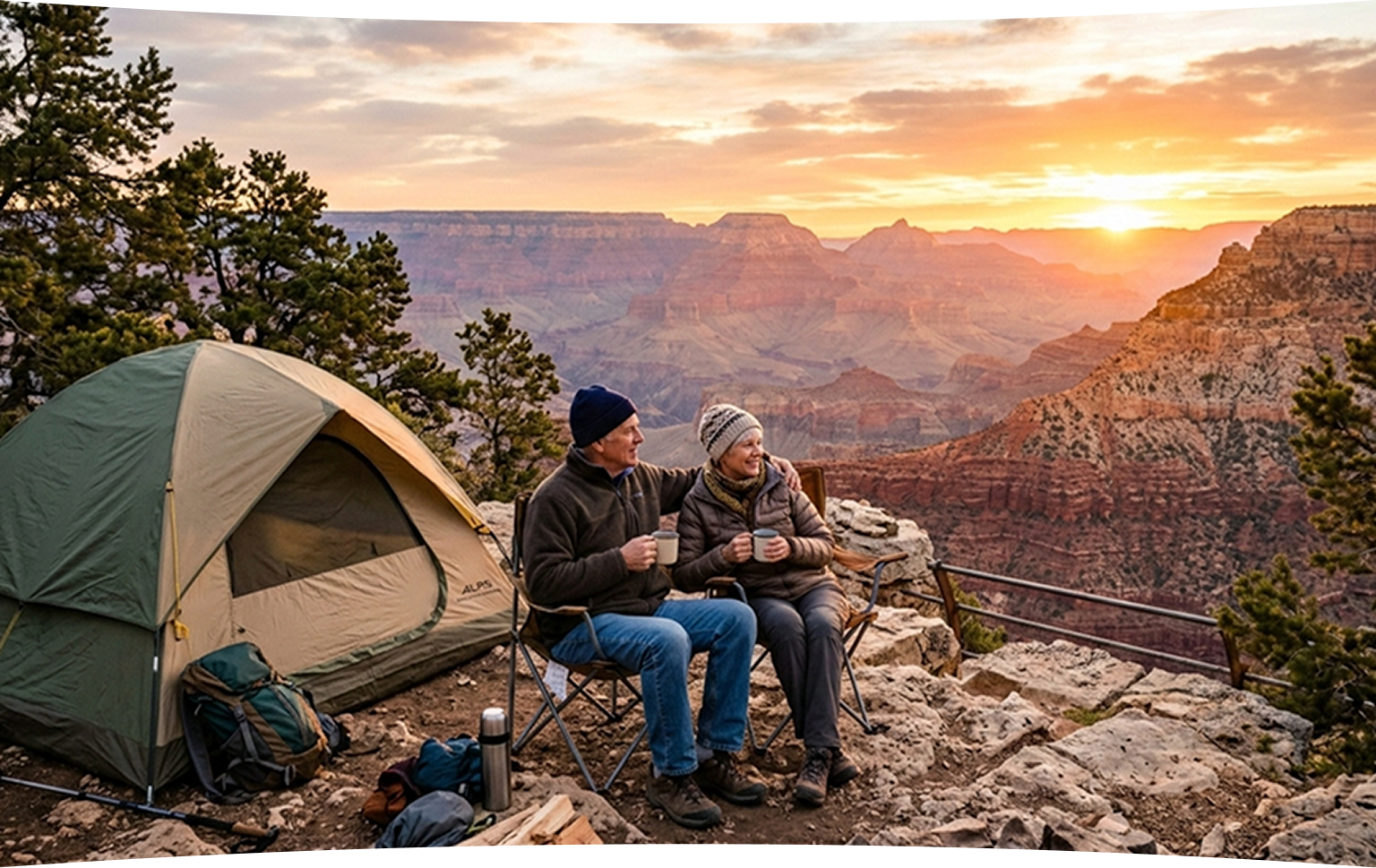 Couple sitting in camping chairs beside a tent at sunset overlooking the Grand Canyon.