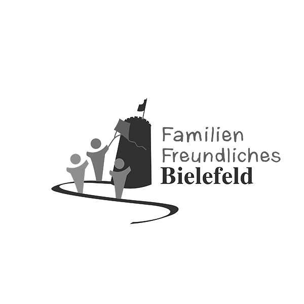 Logo mit stilisierten Figuren vor einem Turm mit Fahne und dem Text ‚Familien Freundliches Bielefeld‘.