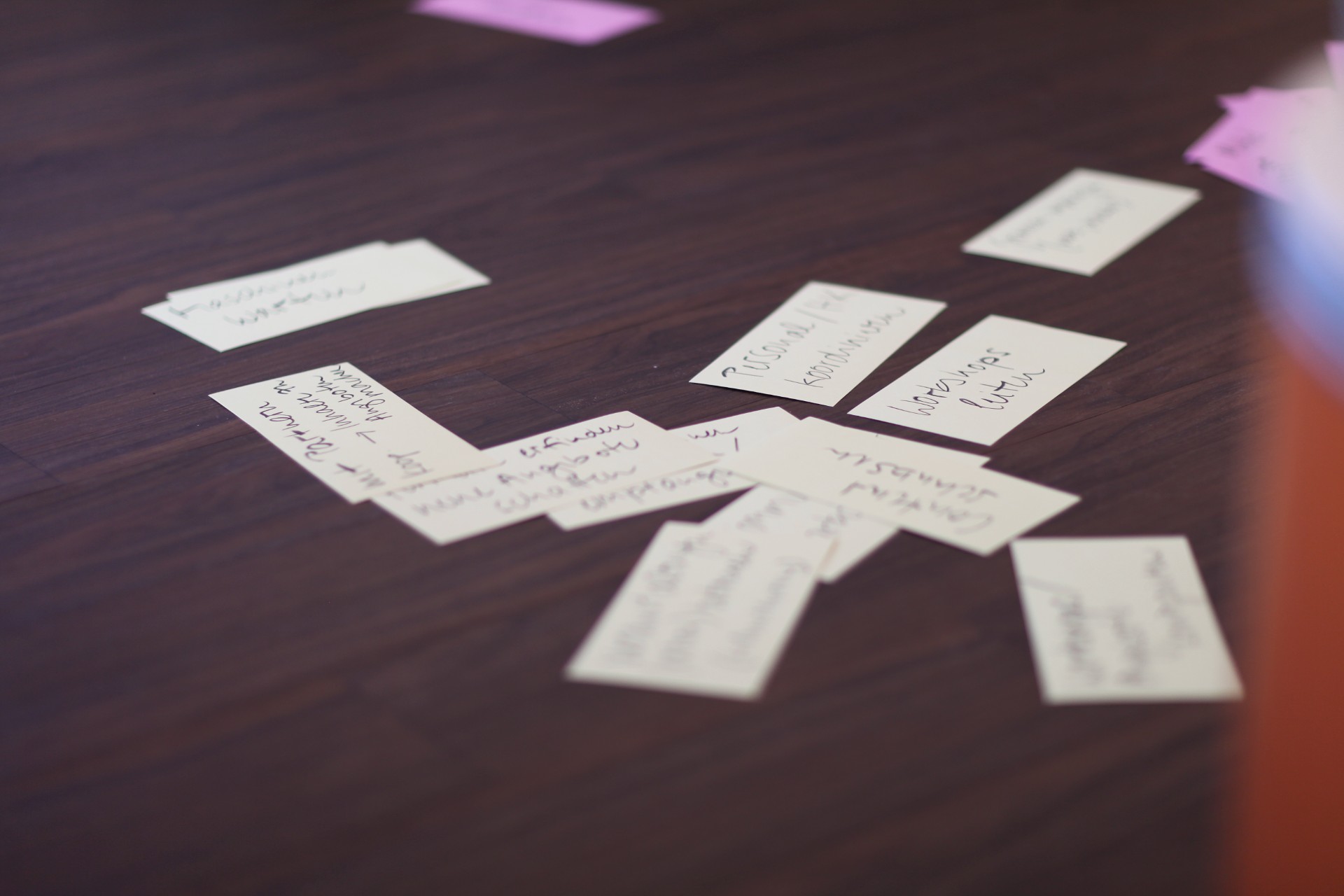 Handgeschriebene Karten mit Ideen und Prioritäten auf einem Tisch in einem Strategieworkshop von Rheingans