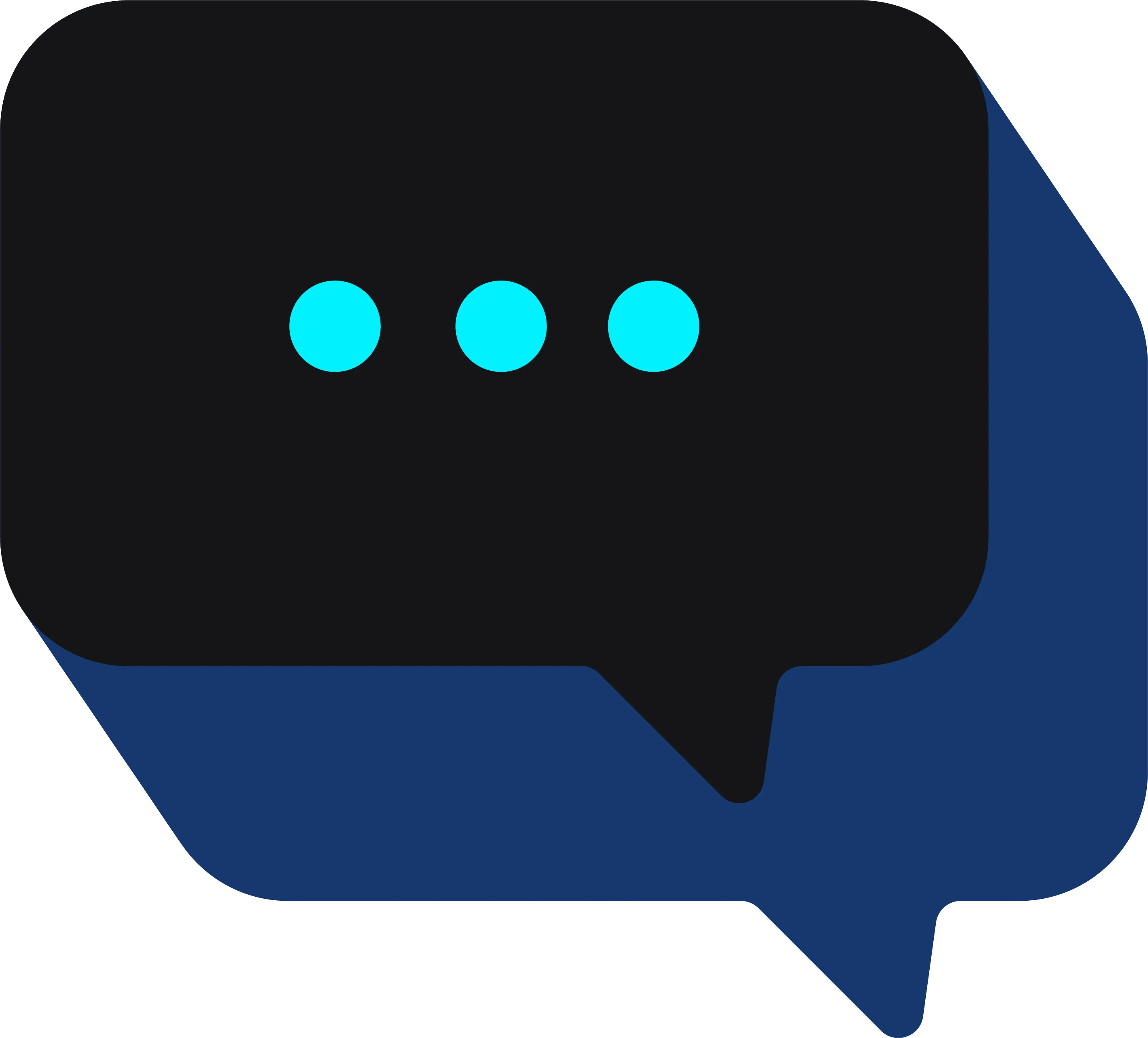 An aqua and navy graphic of a speech bubble.