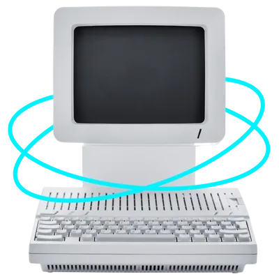 A graphic of an early desktop computer surrounded with two aqua rings.