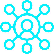 An icon of a person in a network of connected circles.