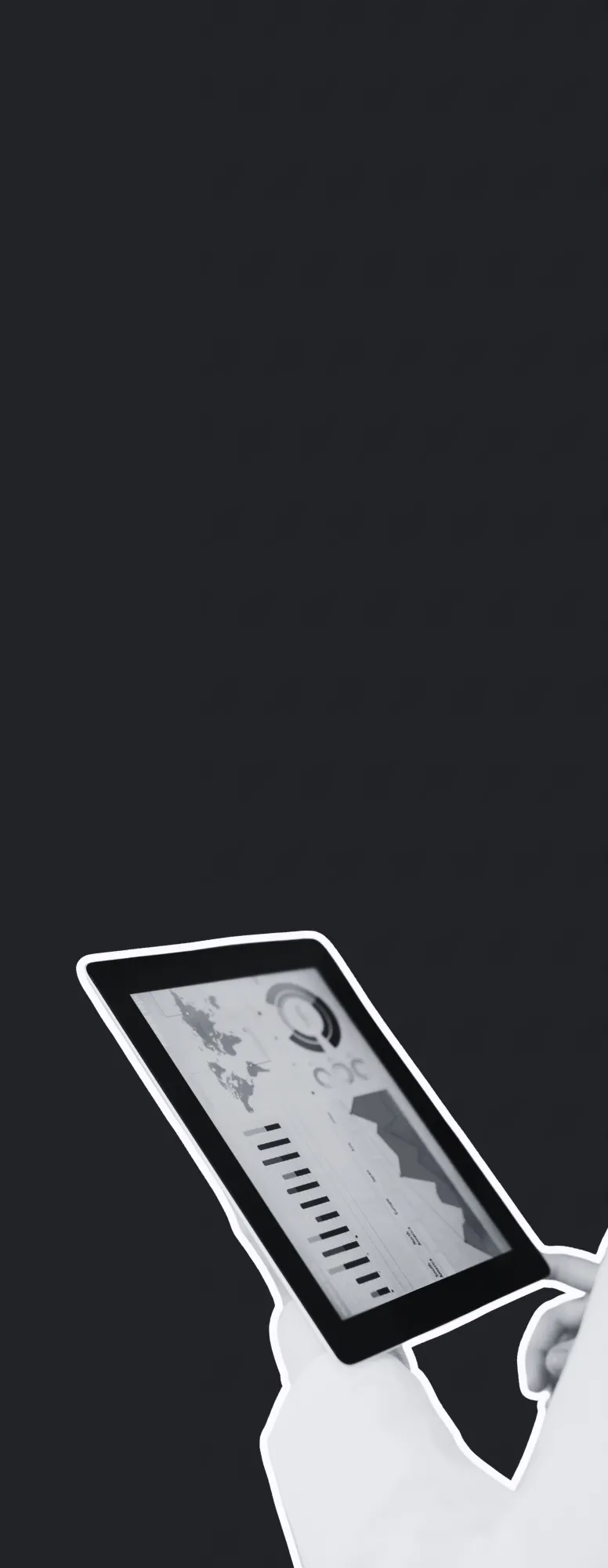 A graphic photo of hands holding a tablet displaying analytics.