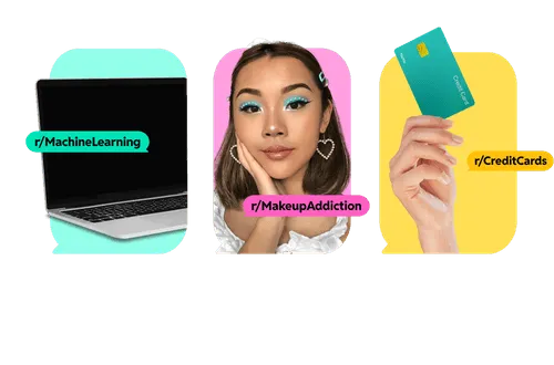 Three images representing three different subreddits: machine learning, makeup, and credit cards.