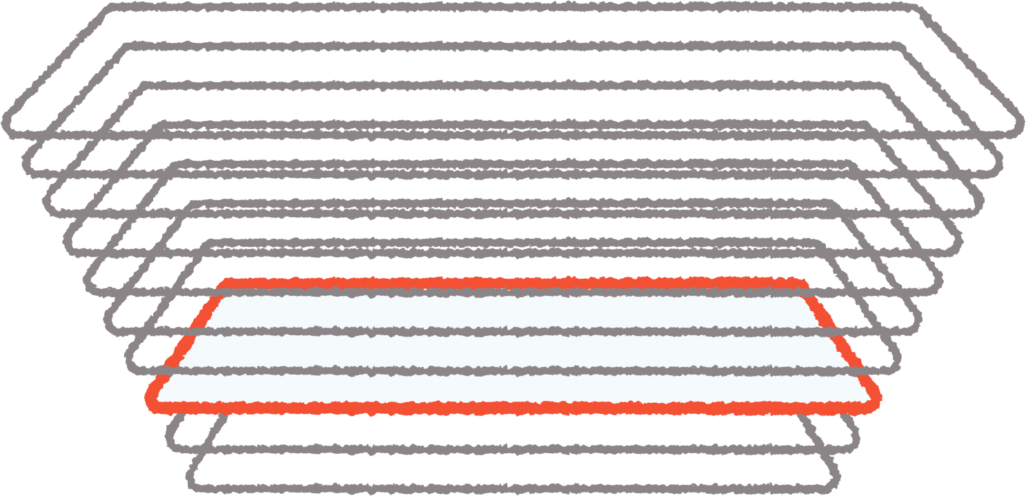 Abstract illustration of layered shapes in gray and red