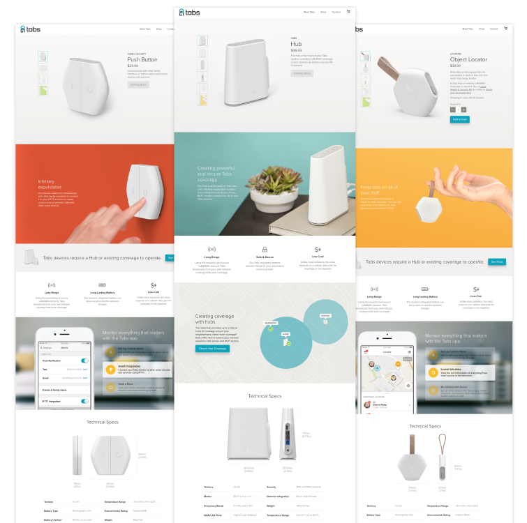 Three product detail pages for Tabs devices: Push Button, Hub, and Object Locator, showing images, features, technical specs, and mobile app monitoring screens.