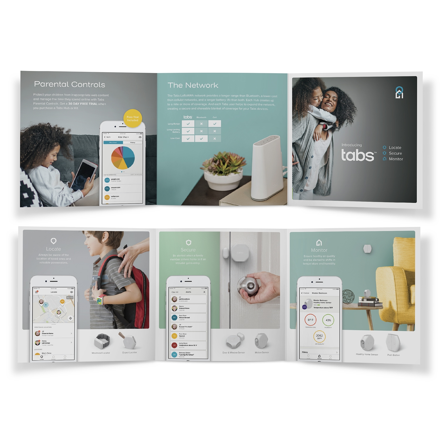 Brochure showing Tabs parental control features, network range, and sensors for locating, securing, and monitoring with smartphone app visuals.