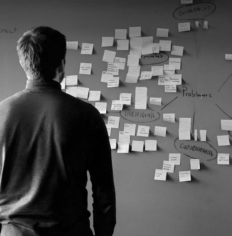 Man facing a wall covered with sticky notes and handwritten categories labeled Environmental, Corporates, Individuals, Government, and Problems.