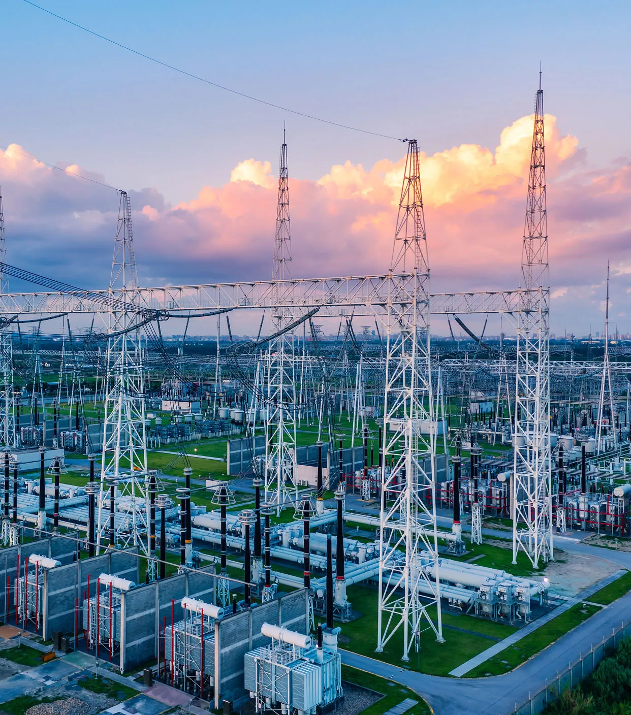 Aerial view of a high voltage substation.