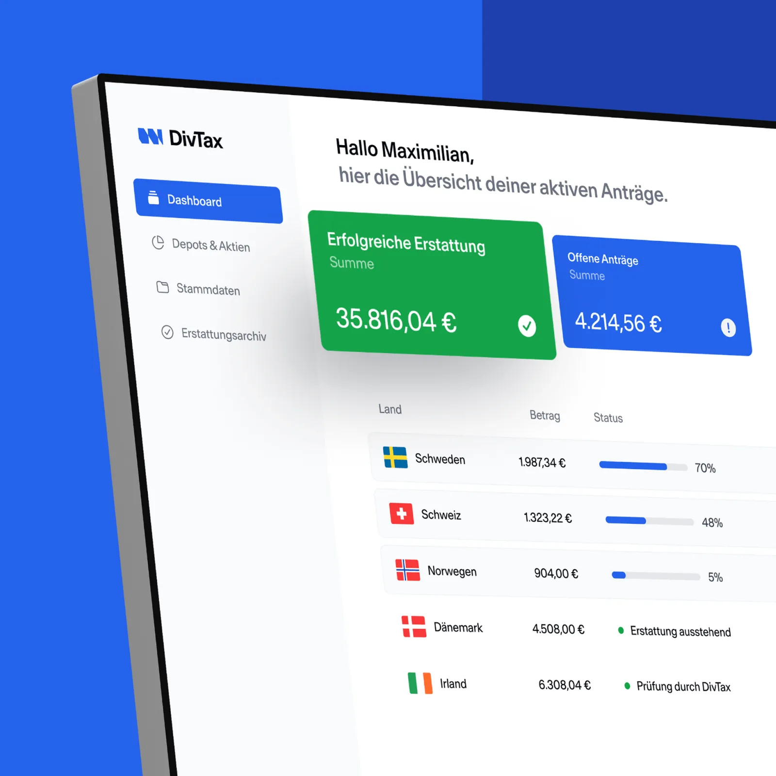 Ansicht des Dashboards von der DivTax Plattform mit einer Übersicht aktiver Anträge