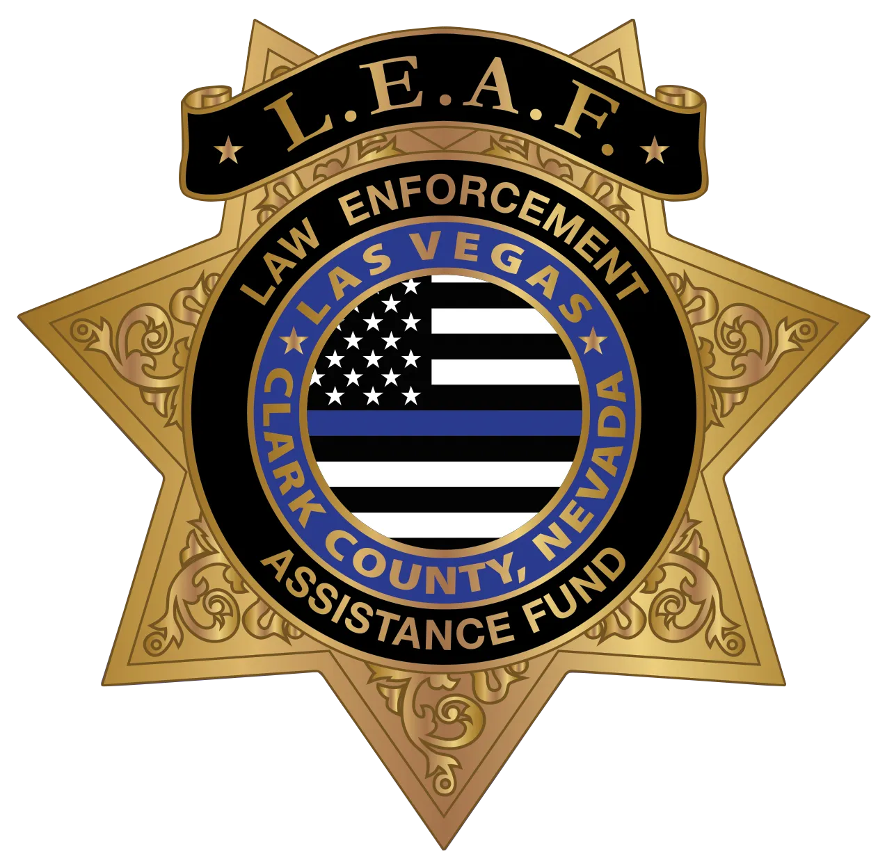 Gold seven-point star badge with black banner reading L.E.A.F., featuring a Thin Blue Line American flag and text Law Enforcement Assistance Fund, Las Vegas Clark County, Nevada.