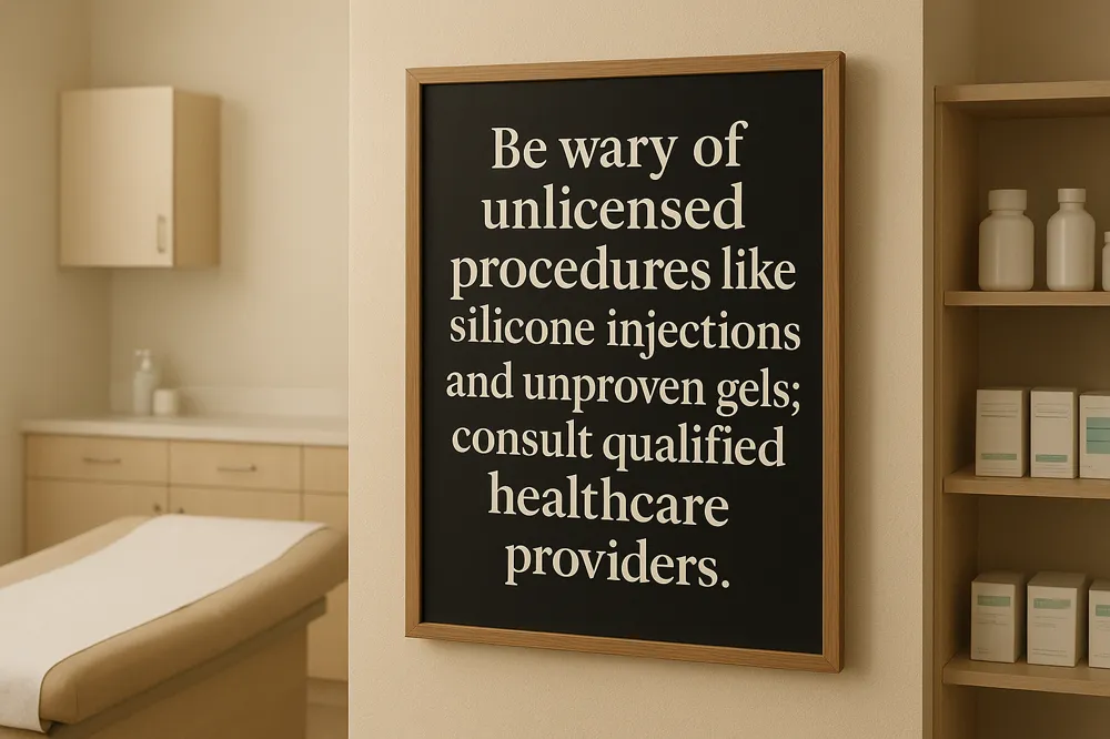 Be wary of unlicensed procedures like silicone injections and unproven gels; consult qualified healthcare providers.