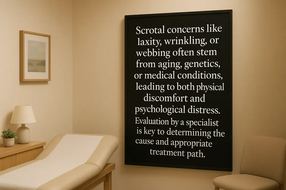 Scrotal concerns like laxity, wrinkling, or webbing often stem from aging, genetics, or medical conditions, leading to both physical discomfort and psychological distress. Evaluation by a specialist is key to determining the cause and appropriate treatment path.