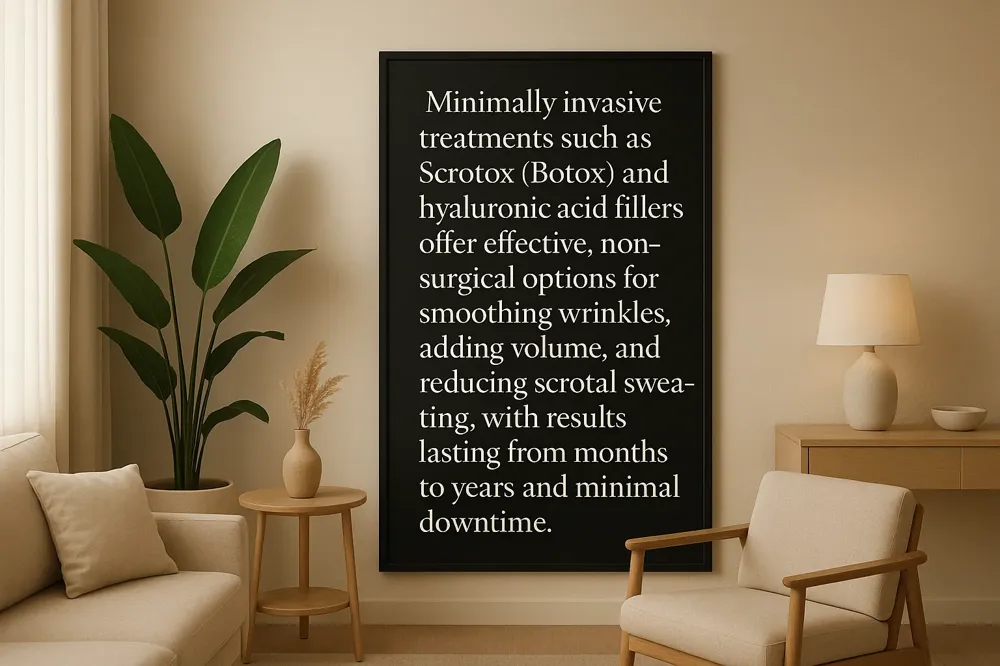 Minimally invasive treatments such as Scrotox (Botox) and hyaluronic acid fillers offer effective, non-surgical options for smoothing wrinkles, adding volume, and reducing scrotal sweating, with results lasting from months to years and minimal downtime.