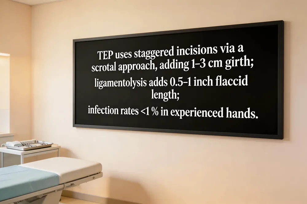 TEP uses staggered incisions via a scrotal approach, adding 1‑3 cm girth; ligamentolysis adds 0.5‑1 inch flaccid length; infection rates <1 % in experienced hands.