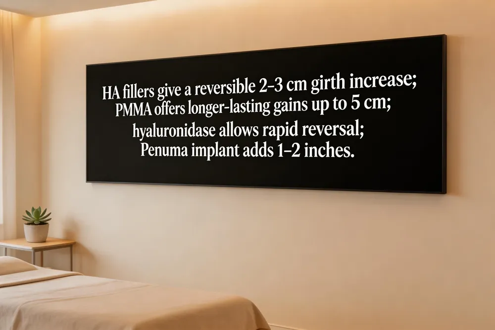 HA fillers give a reversible 2‑3 cm girth increase; PMMA offers longer‑lasting gains up to 5 cm; hyaluronidase allows rapid reversal; Penuma implant adds 1–2 inches.