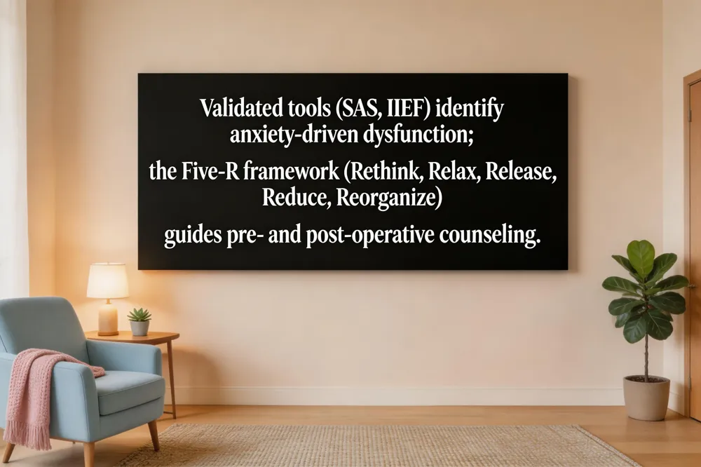 Validated tools (SAS, IIEF) identify anxiety‑driven dysfunction; the Five‑R framework (Rethink, Relax, Release, Reduce, Reorganize) guides pre‑ and post‑operative counseling.