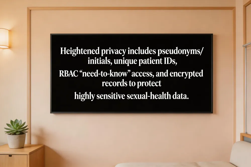 Heightened privacy includes pseudonyms/initials, unique patient IDs, RBAC “need‑to‑know” access, and encrypted records to protect highly sensitive sexual‑health data.