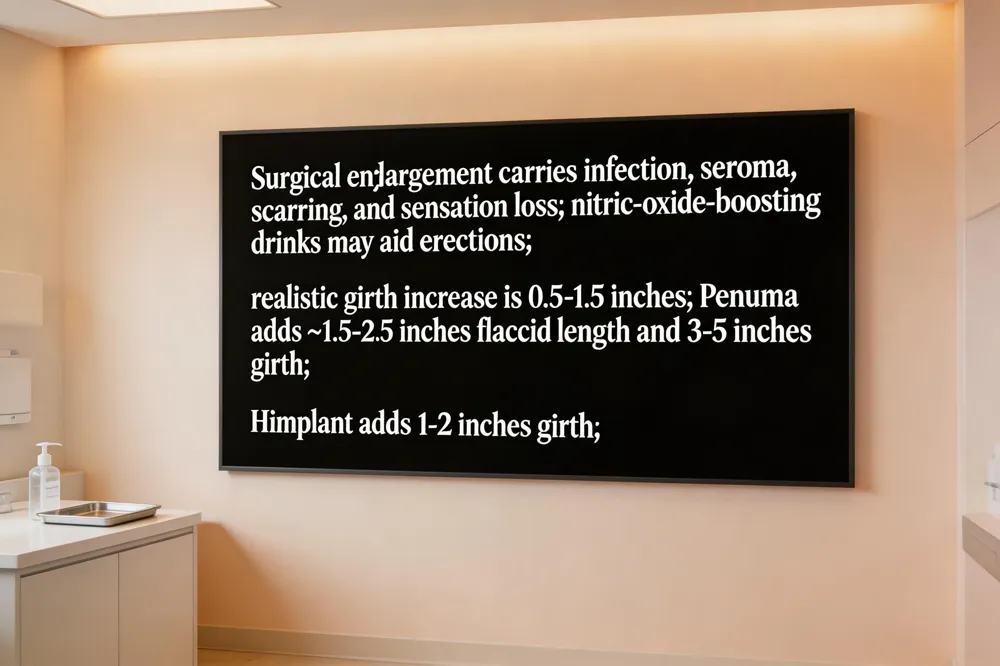 Surgical enlargement carries infection, seroma, scarring, and sensation loss; nitric‑oxide‑boosting drinks may aid erections; realistic girth increase is 0.5‑1.5 inches; Penuma adds ~1.5‑2.5 inches flaccid length and 3‑5 inches girth; Himplant adds 1‑2 inches girth.