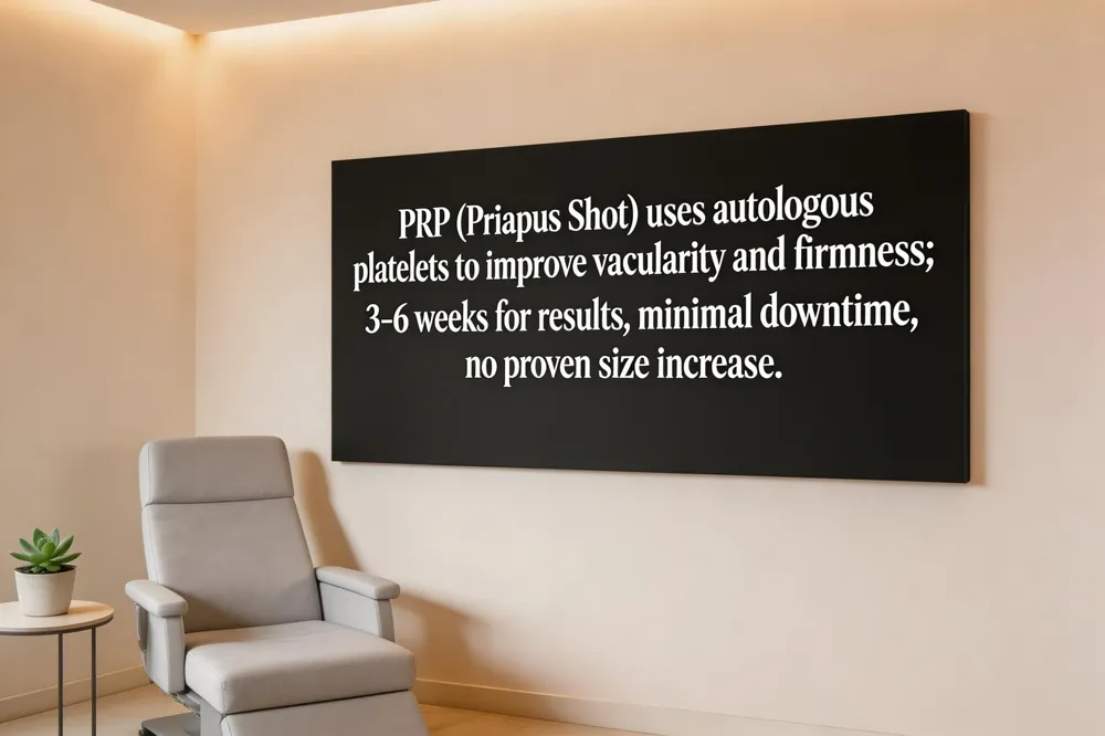 PRP (Priapus Shot) uses autologous platelets to improve vascularity and firmness; 3‑6 weeks for results, minimal downtime, no proven size increase.