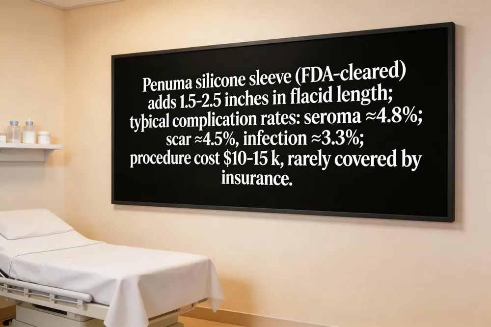 Penuma silicone sleeve (FDA‑cleared) adds 1.5‑2.5 inches in flaccid length; typical complication rates: seroma ≈ 4.8 %, scar ≈ 4.5 %, infection ≈ 3.3 %; procedure cost $10‑15 k, rarely covered by insurance.