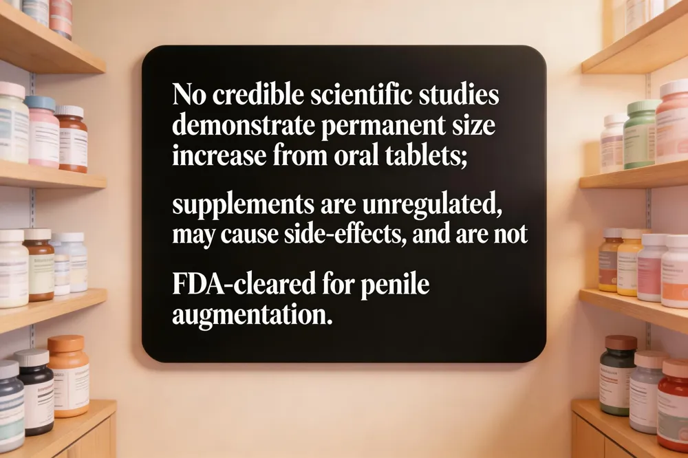 No credible scientific studies demonstrate permanent size increase from oral tablets; supplements are unregulated, may cause side‑effects, and are not FDA‑cleared for penile augmentation.