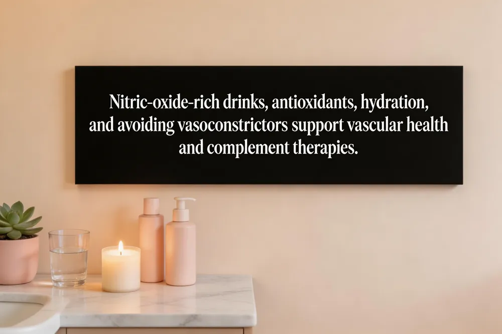 Nitric‑oxide‑rich drinks, antioxidants, hydration, and avoiding vasoconstrictors support vascular health and complement therapies.