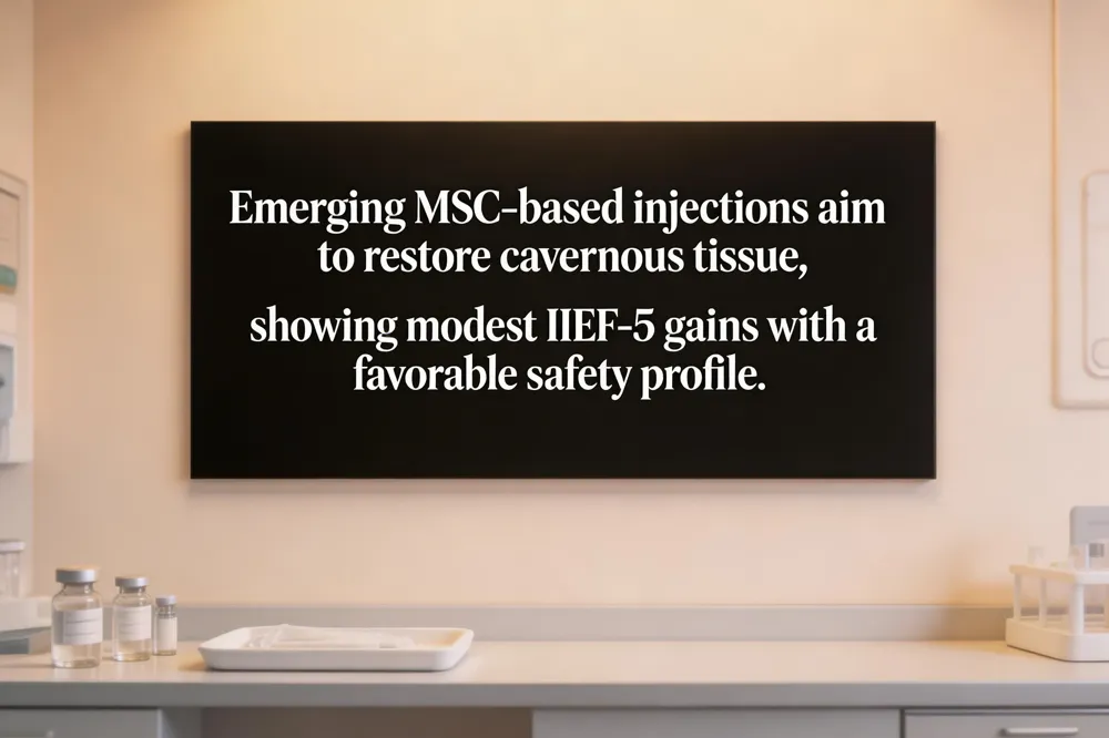 Emerging MSC‑based injections aim to restore cavernous tissue, showing modest IIEF‑5 gains with a favorable safety profile.