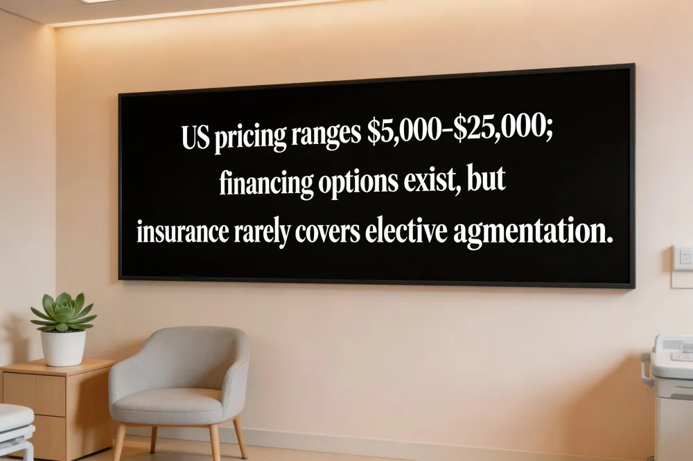 US pricing ranges $5,000‑$25,000; financing options exist, but insurance rarely covers elective augmentation.