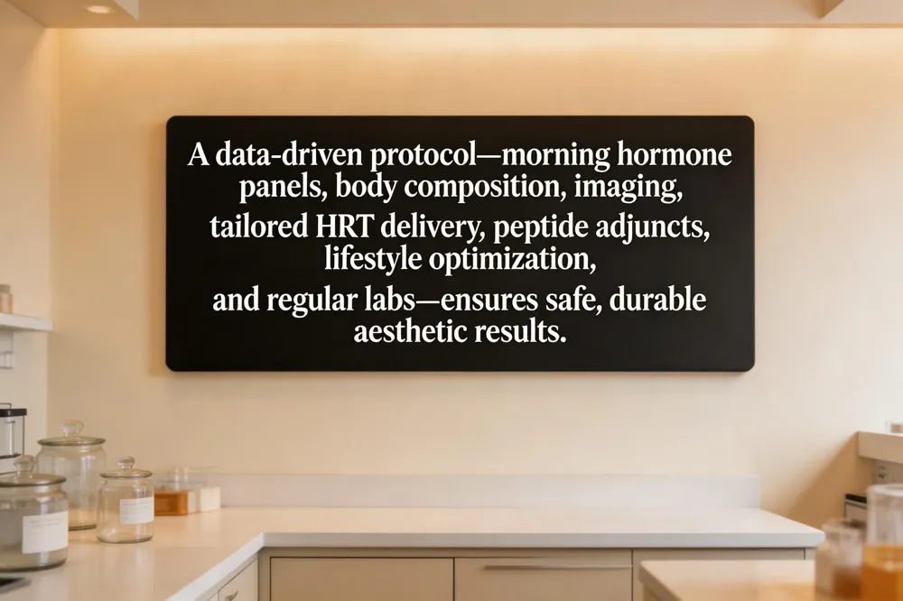 A data‑driven protocol—morning hormone panels, body composition, imaging, tailored HRT delivery, peptide adjuncts, lifestyle optimization, and regular labs—ensures safe, durable aesthetic results.