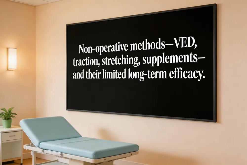 Non‑operative methods—VED, traction, stretching, supplements—and their limited long‑term efficacy.