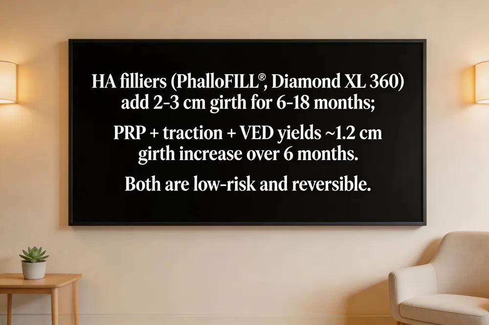 HA fillers (PhalloFILL®, Diamond XL 360) add 2‑3 cm girth for 6‑18 months; PRP + traction + VED yields ~1.2 cm girth increase over 6 months. Both are low‑risk and reversible.