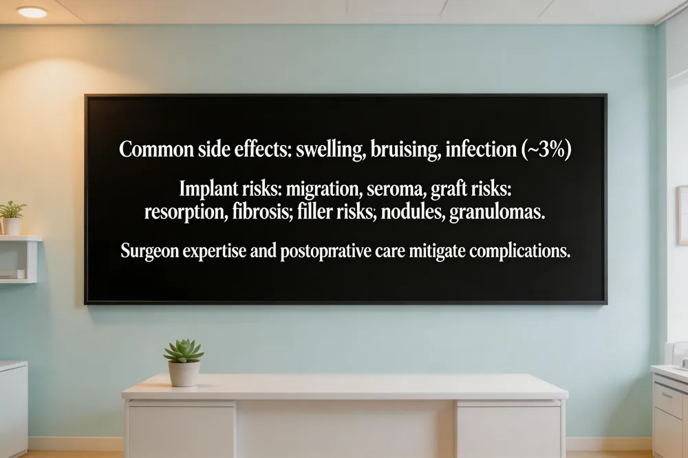 Common side effects: swelling, bruising, infection (~3 %). Implant risks: migration, seroma; graft risks: resorption, fibrosis; filler risks: nodules, granulomas. Surgeon expertise and postoperative care mitigate complications.