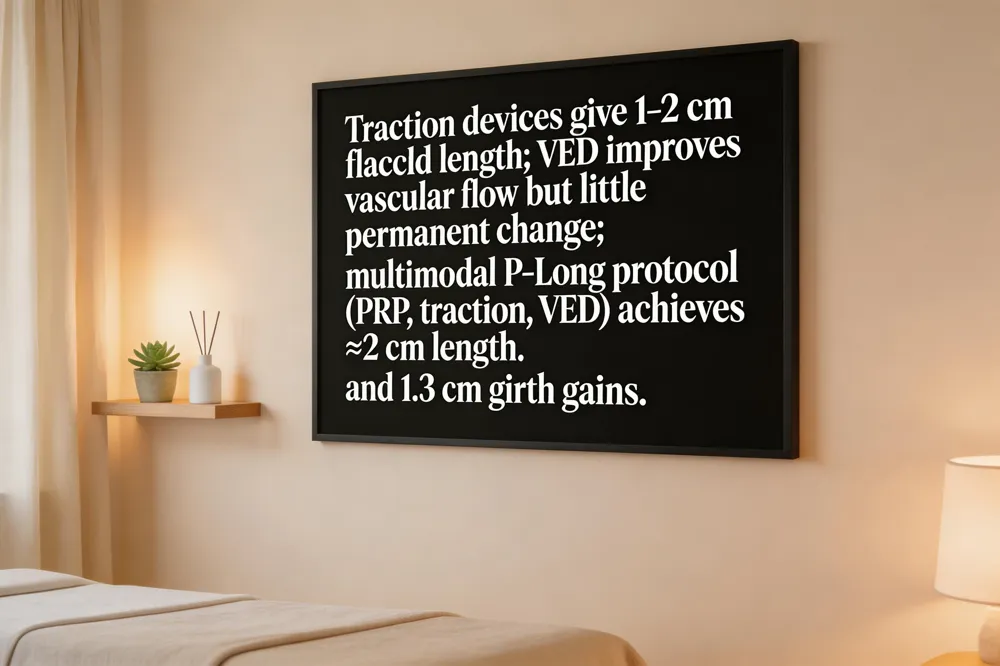 Traction devices give 1‑2 cm flaccid length; VED improves vascular flow but little permanent change; multimodal P‑Long protocol (PRP, traction, VED) achieves ≈2 cm length and 1.3 cm girth gains.
