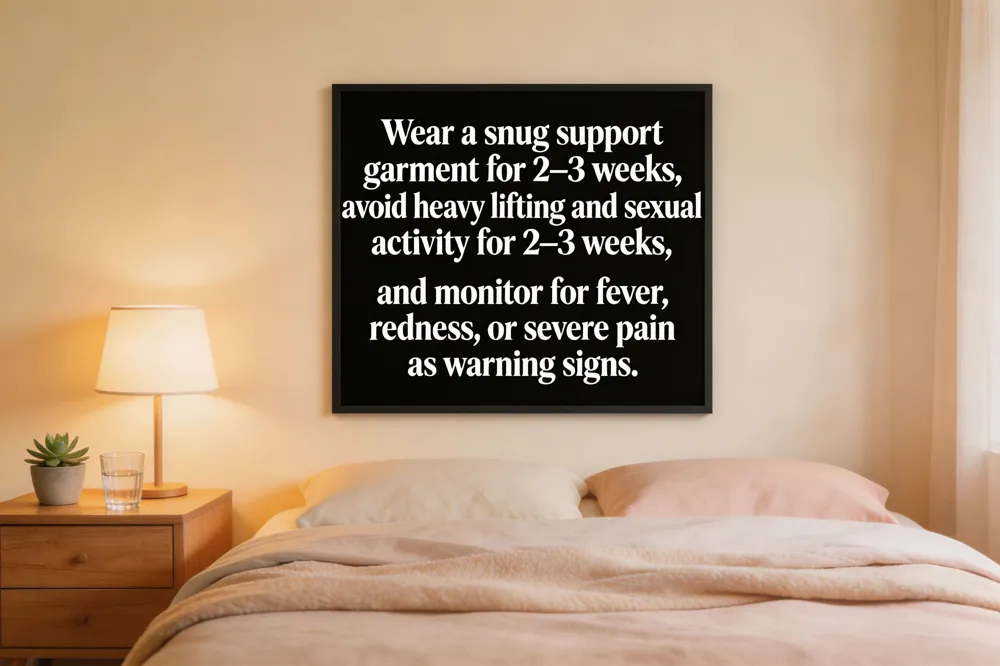Wear a snug support garment for 2–3 weeks, avoid heavy lifting and sexual activity for 2–3 weeks, and monitor for fever, redness, or severe pain as warning signs.