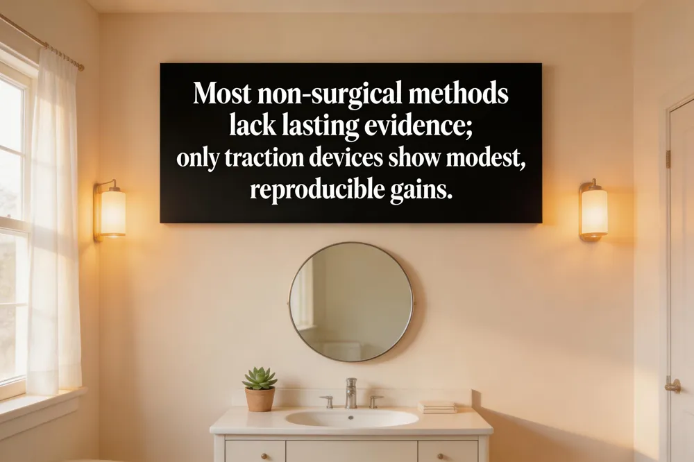 Most non‑surgical methods lack lasting evidence; only traction devices show modest, reproducible gains.