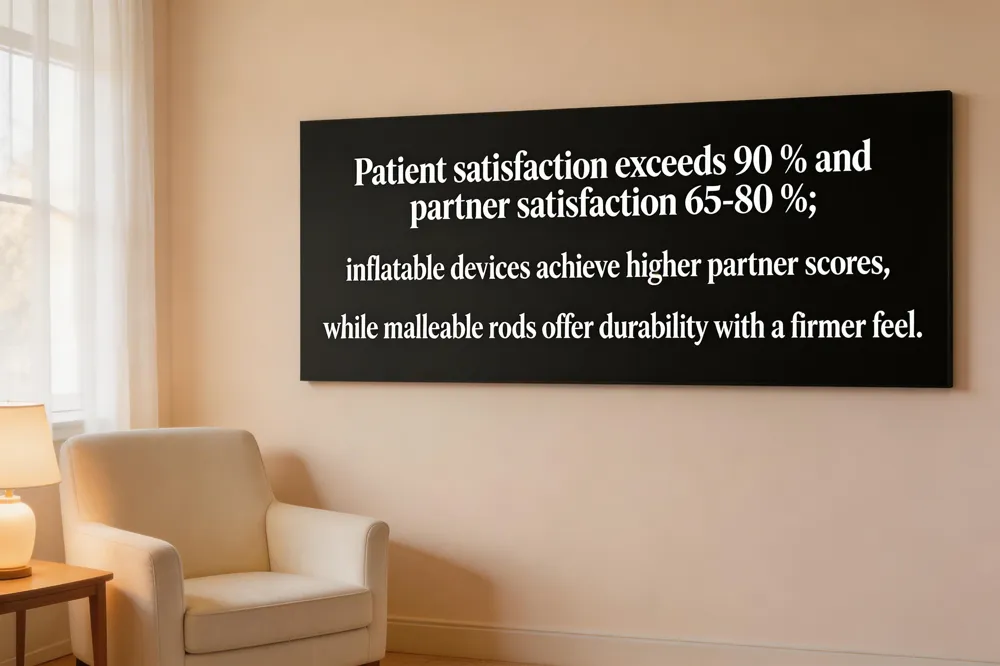 Patient satisfaction exceeds 90 % and partner satisfaction 65‑80 %; inflatable devices achieve higher partner scores, while malleable rods offer durability with a firmer feel.