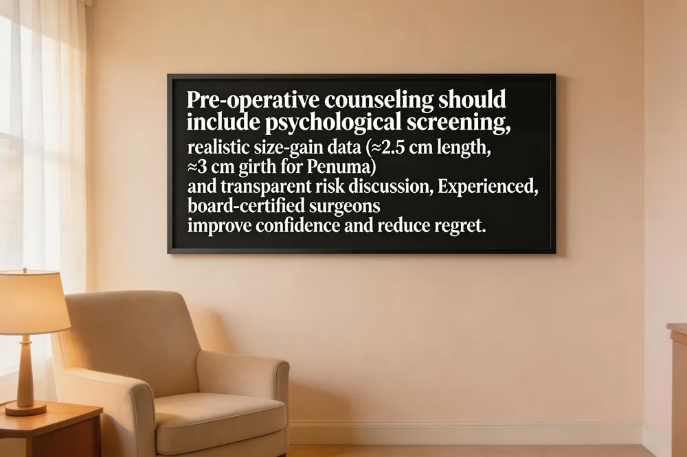 Pre‑operative counseling should include psychological screening, realistic size‑gain data (≈2.5 cm length, ≈3 cm girth for Penuma), and transparent risk discussion. Experienced, board‑certified surgeons improve confidence and reduce regret.
