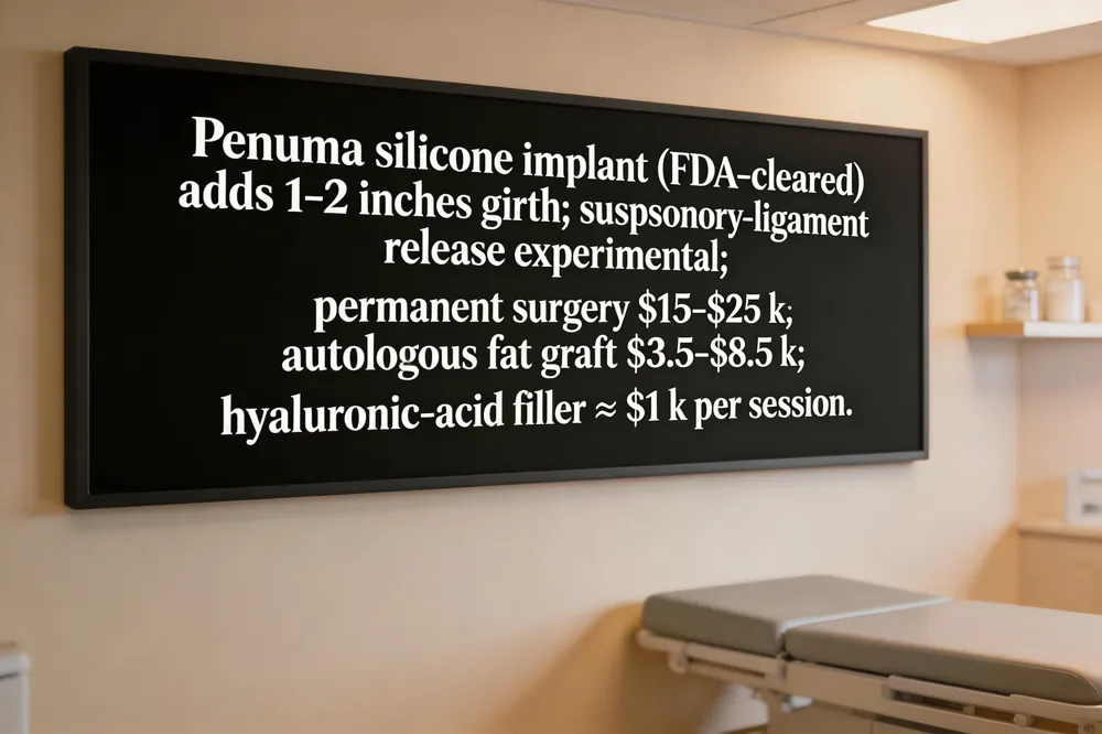 Penuma silicone implant (FDA‑cleared) adds 1‑2 inches girth; suspensory‑ligament release experimental; permanent surgery $15‑$25 k; autologous fat graft $3.5‑$8.5 k; hyaluronic‑acid filler ≈ $1 k per session.