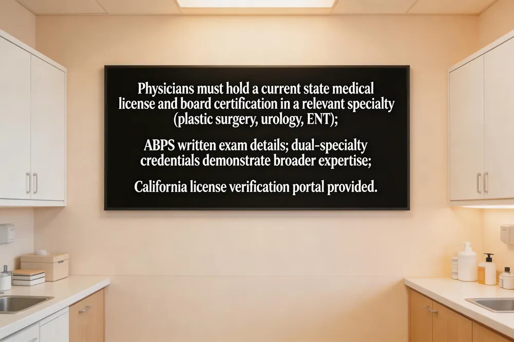 Physicians must hold a current state medical license and board certification in a relevant specialty (plastic surgery, urology, ENT); ABPS written exam details; dual‑specialty credentials demonstrate broader expertise; California license verification portal provided.