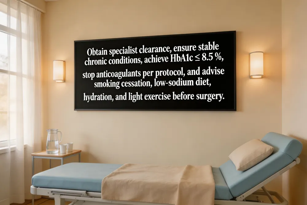 Obtain specialist clearance, ensure stable chronic conditions, achieve HbA1c ≤ 8.5 %, stop anticoagulants per protocol, and advise smoking cessation, low‑sodium diet, hydration, and light exercise before surgery.