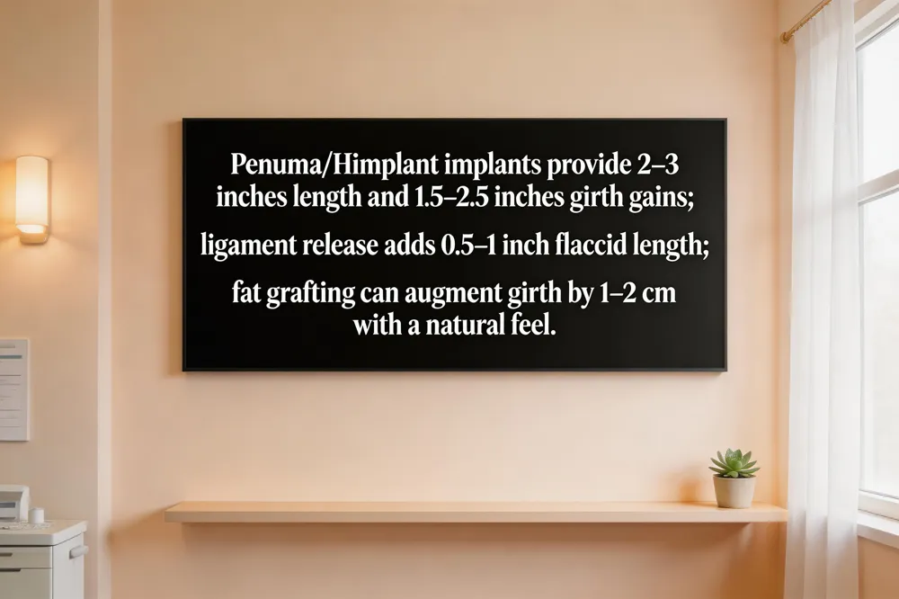 Penuma/Himplant implants provide 2–3 inches length and 1.5–2.5 inches girth gains; ligament release adds 0.5–1 inch flaccid length; fat grafting can augment girth by 1–2 cm with a natural feel.