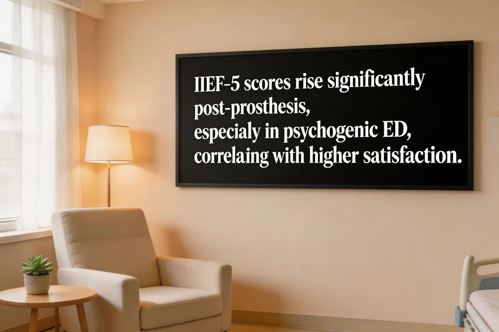 IIEF‑5 scores rise significantly post‑prosthesis, especially in psychogenic ED, correlating with higher satisfaction.