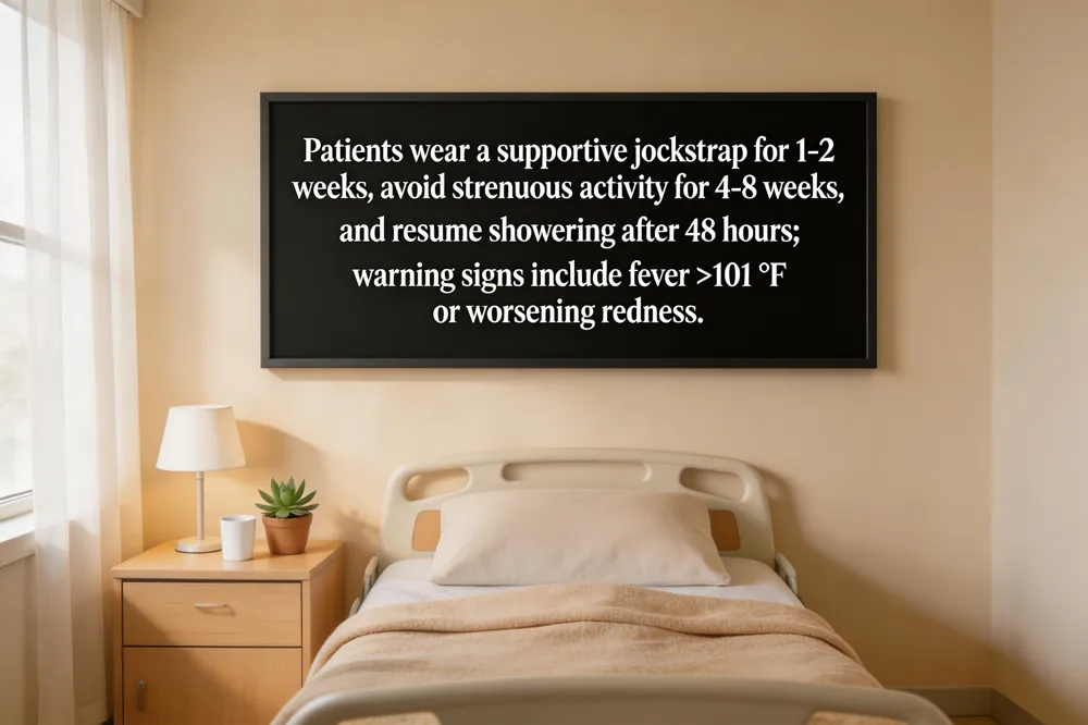 Patients wear a supportive jockstrap for 1‑2 weeks, avoid strenuous activity for 4‑8 weeks, and resume showering after 48 hours; warning signs include fever > 101 °F or worsening redness.