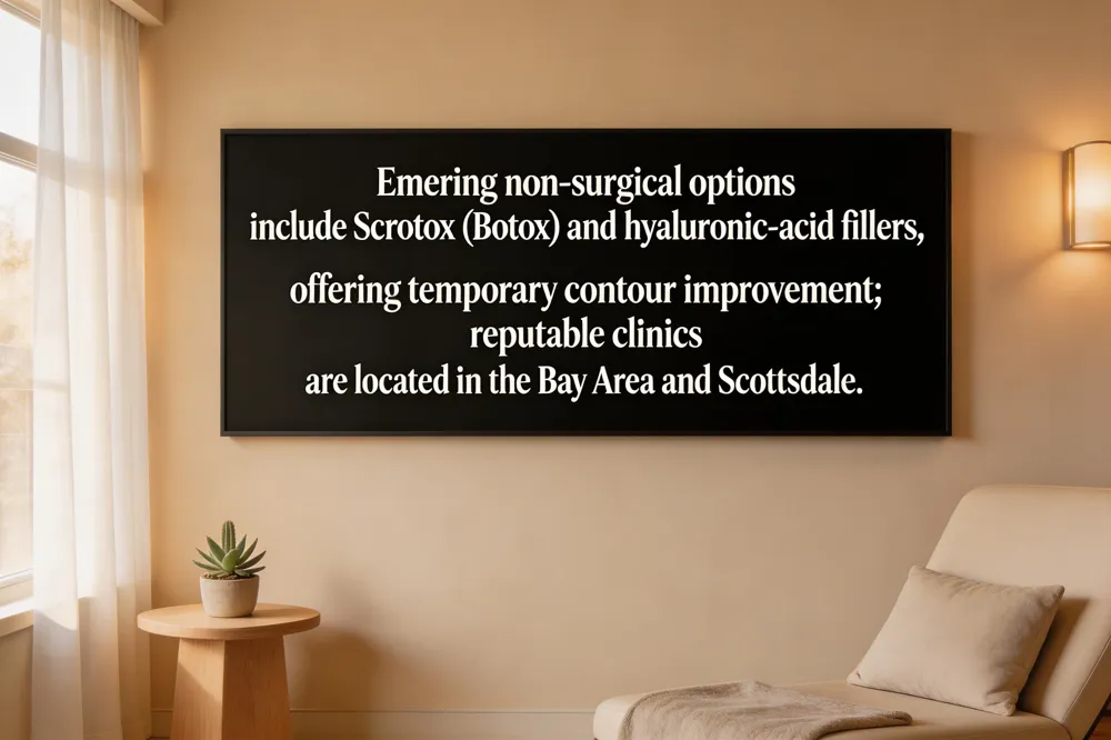 Emerging non‑surgical options include Scrotox (Botox) and hyaluronic‑acid fillers, offering temporary contour improvement; reputable clinics are located in the Bay Area and Scottsdale.