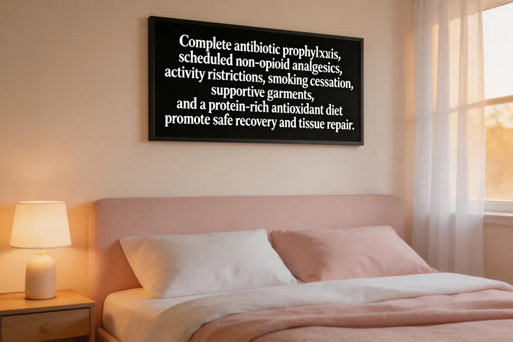 Complete antibiotic prophylaxis, scheduled non‑opioid analgesics, activity restrictions, smoking cessation, supportive garments, and a protein‑rich antioxidant diet promote safe recovery and tissue repair.